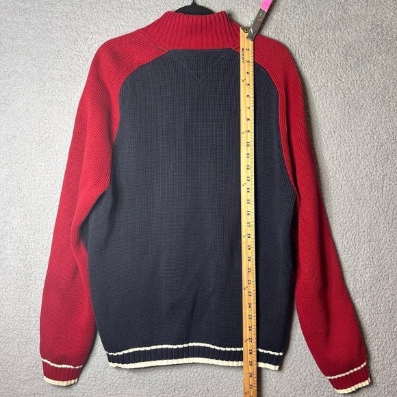 Tommy Hilfiger Sweater Mens‎ Large Blue Red Embroidered Spell Out Full Zip VTG - Picture 10 of 13